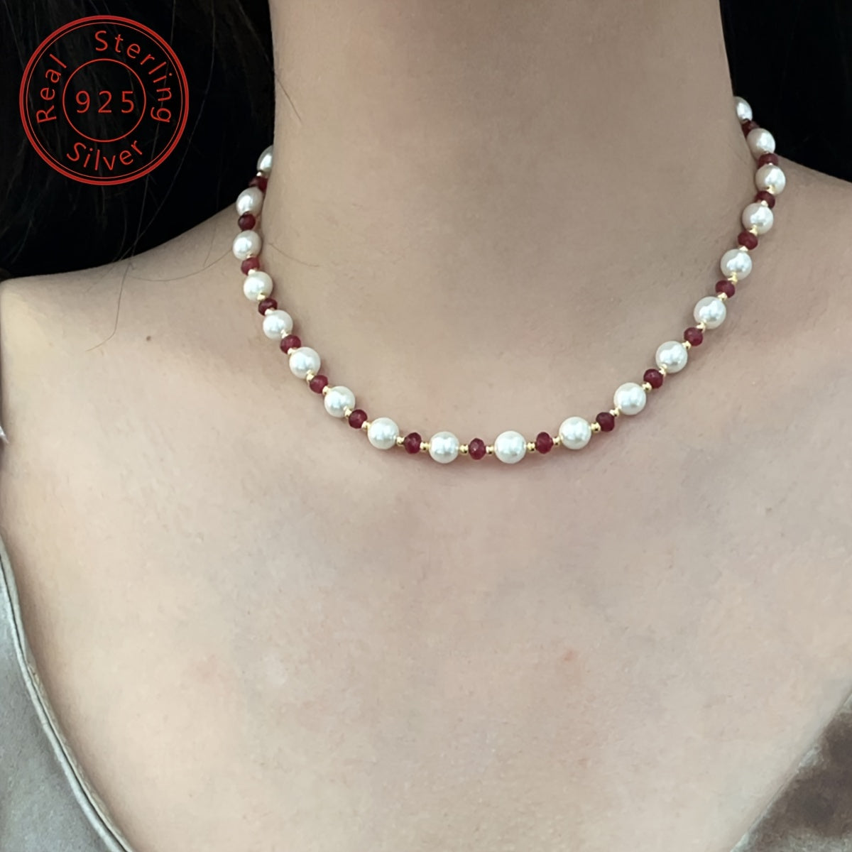 1pc Elegant 925 Silver Natural Stone Beaded Necklace - French Retro Luxury Design, 18K Golden Plated, Perfect for Daily Wear & Gifting, Valentine'S Day, Birthday, Anniversary - Includes Gift Box, Special Occasion Jewelry | French Retro Style | Durab