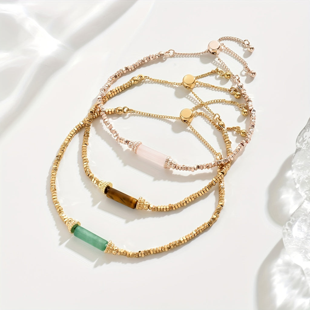 3pcs Women'S Fashion Bracelet Retro Fall\Winter Adjustable 1 Mils Golden Plating Natural Stone Handmade Beaded Bracelet Set for Everyday All-In-One Party Gifts Local Warehouse