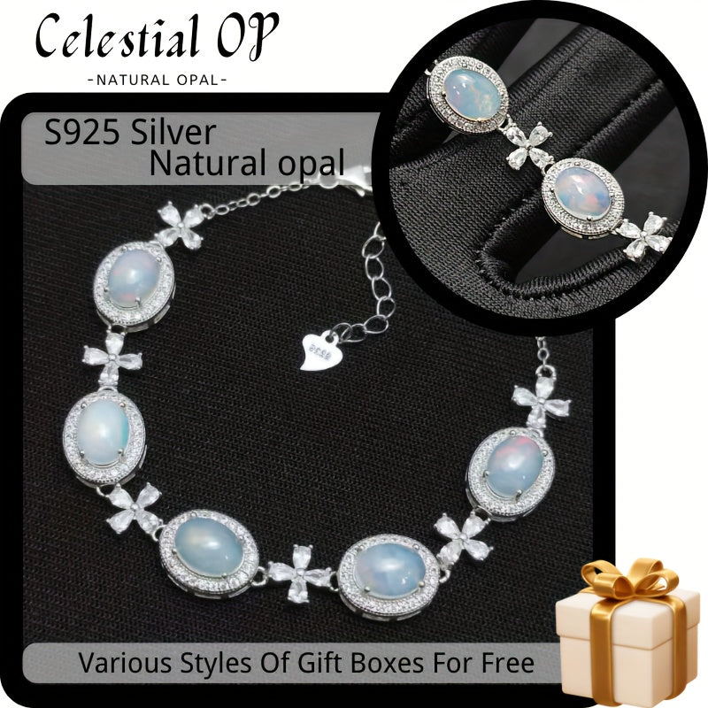 Elegant S925 Sterling Silvery Opal Bracelet with Floral Accents - Natural Opal Stones, White, and Sparkling Details, Perfect for Daily Wear or Special Occasions, Includes Gift Box, Festive Accessory | Floral Accent Bracelet | Sparkling Details