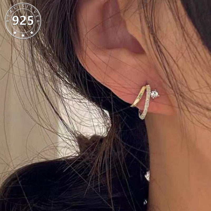 S925 Sterling 925 Silver Double-Layer Stud Earrings - Sparkling Claw Setting, Perfect Birthday Gift