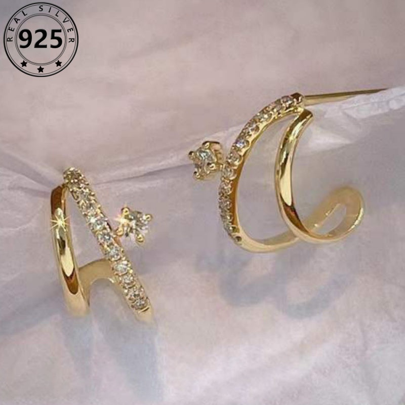 S925 Sterling 925 Silver Double-Layer Stud Earrings - Sparkling Claw Setting, Perfect Birthday Gift