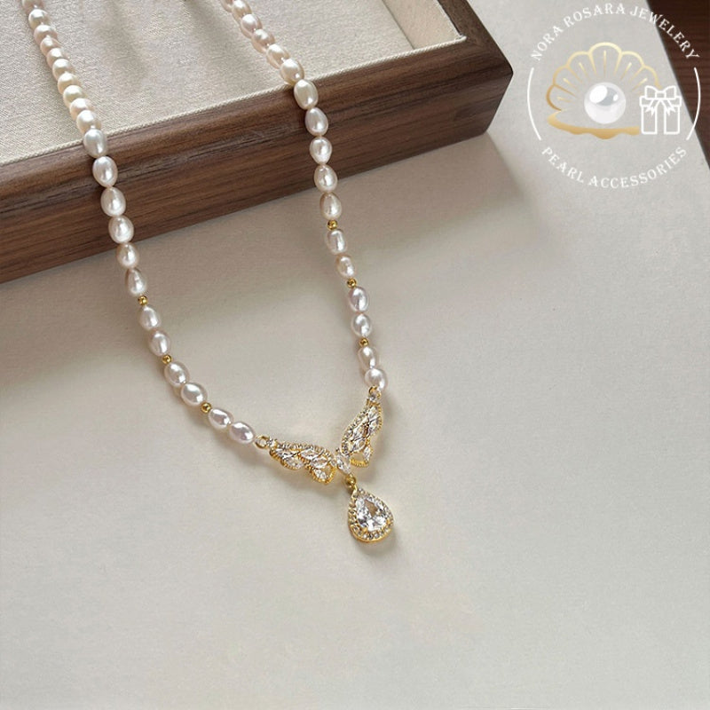 Elegant Mixed Color Freshwater Pearl Pendant Necklace with Synthetic Cubic Zirconia Accents, No Plating - Chic Fashionable Drop Chain for Women, Ideal Gift for Mother or Best Friend