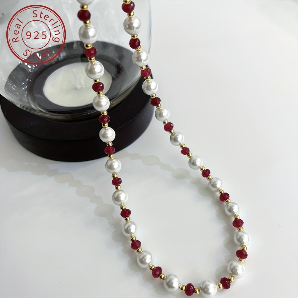 1pc Elegant 925 Silver Natural Stone Beaded Necklace - French Retro Luxury Design, 18K Golden Plated, Perfect for Daily Wear & Gifting, Valentine'S Day, Birthday, Anniversary - Includes Gift Box, Special Occasion Jewelry | French Retro Style | Durab