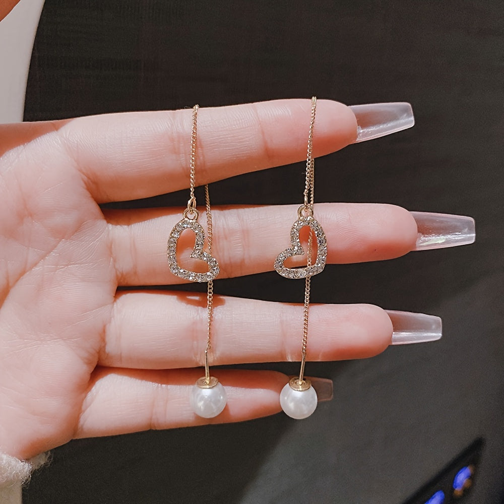 2pcs a Pair of Elegant Heart-Shaped Faux Pearl Tassel Earrings, Alloy Inlaid with Rhinestones, Suitable for Women'S Daily Wear And Parties | Perfect Match