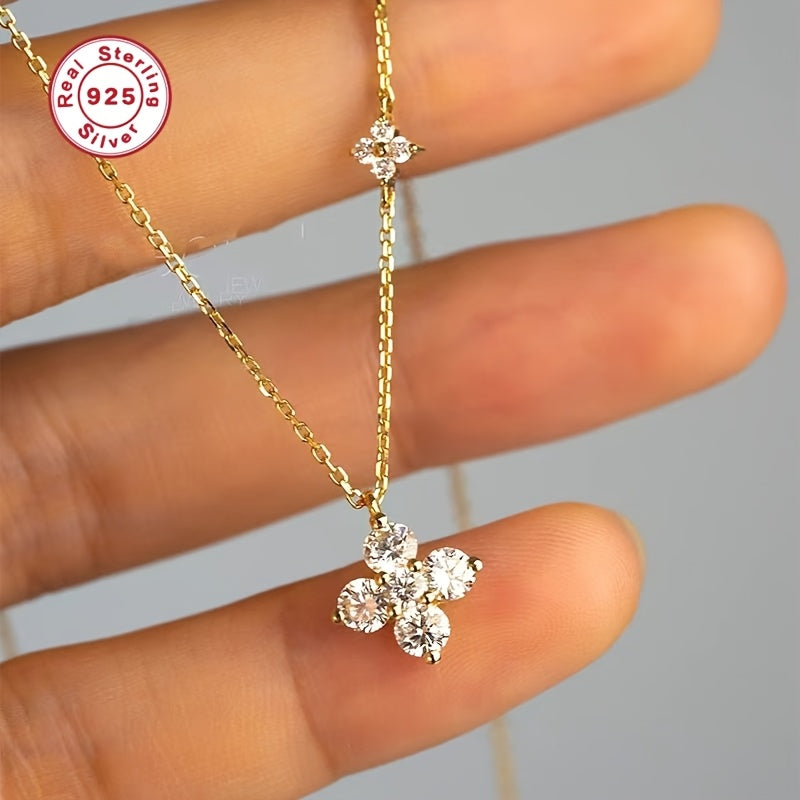 S925 Silvery Synthetic Synthetic Zircon Necklace, Fashionable Minimalist Twin Four-Leaf Pendant Light Luxury Elegant 18K gold Plated Clavicle, For Teenager