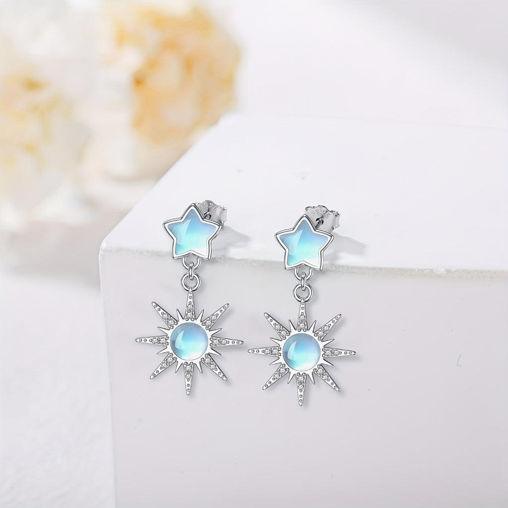 Women's Moonstone Star Earrings in 925 Sterling Silver, Moonstone Stud Earrings with Sun and Stars, Bohemian Sunburst Drop Earrings, Moonstone Jewelry Gift for Mothers
