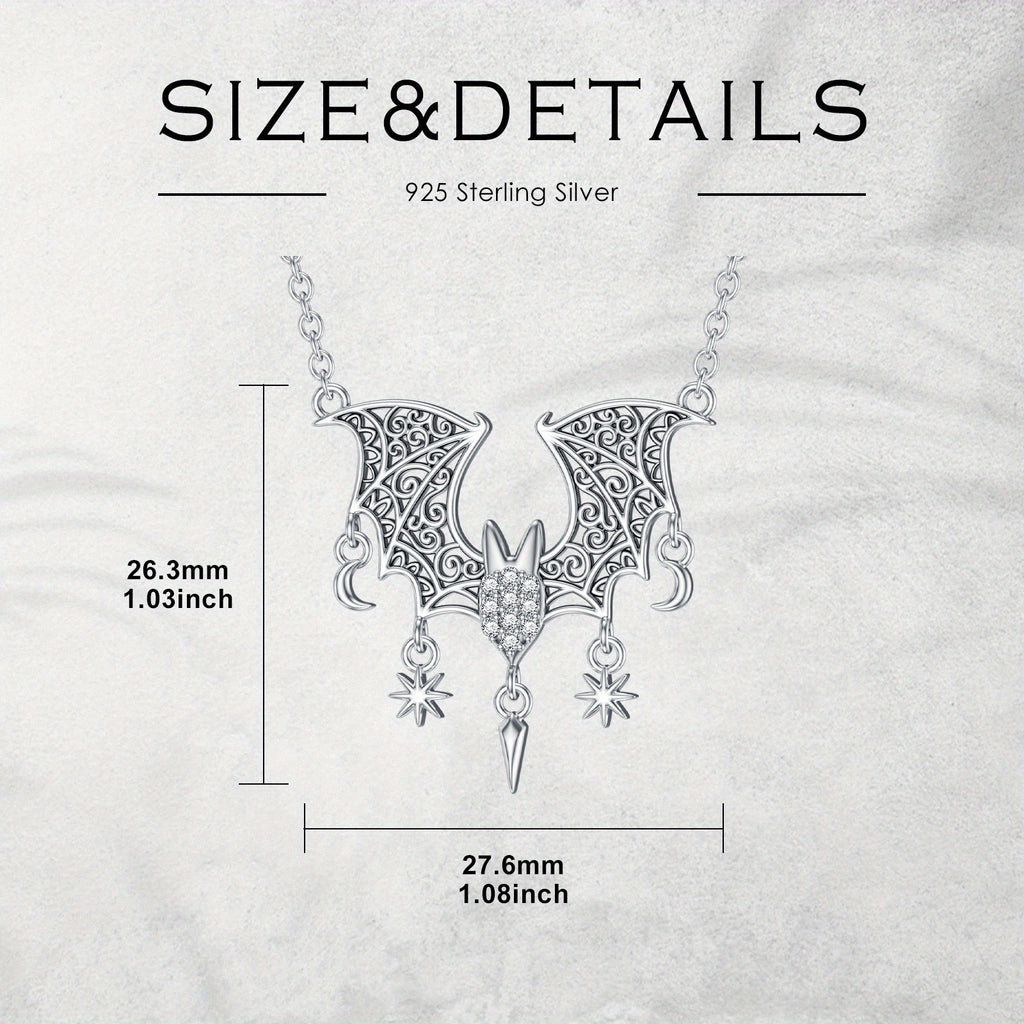 925 Sterling Silver Bat Pendant Necklace for Women - Elegant Animal-Themed Design with Sparkling Rhinestones, Perfect for Daily Wear or Special Occasions, Daily Occasion Jewelry|Elegant Pendant Necklace|Detailed Craftsmanship, Bat Accessories