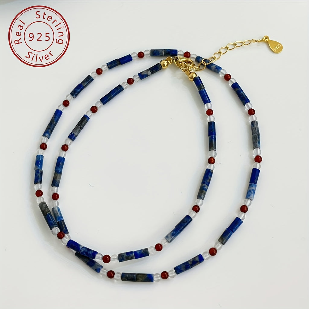 925 sterling Silvery natural lapis lazuli red agate extremely fine beaded necklace, new Chinese niche style, contrasting color design, retro senior feeling, suitable for Women's daily banquet wearing, festival selected accessories