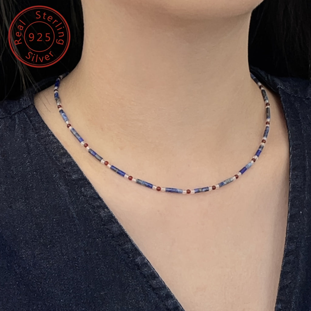 925 sterling Silvery natural lapis lazuli red agate extremely fine beaded necklace, new Chinese niche style, contrasting color design, retro senior feeling, suitable for Women's daily banquet wearing, festival selected accessories