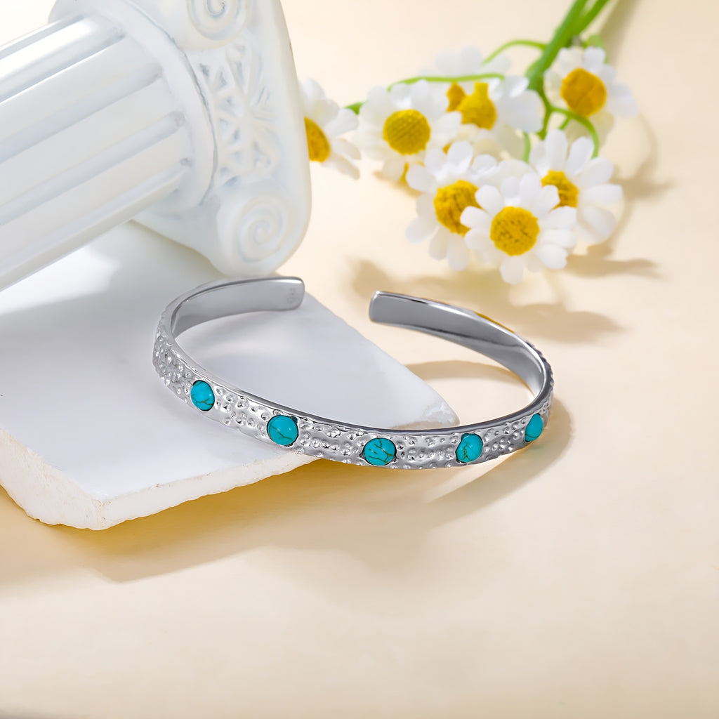 Genuine Turquoise Bracelet, Sterling Silver Native American Boho Adjustable Bangle Cuff Jewelry for Women, Fit for 6 6.5 7 7.5 Inches