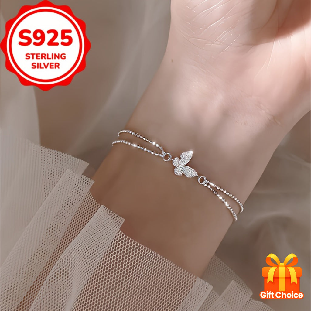 1pc S925 Sterling Silvery Full Butterfly Double Layer Bracelet with Synthetic Synthetic Zirconia Inlay, Elegant and Versatile Design Suitable for Daily Wear or Party Events, Holiday Gift