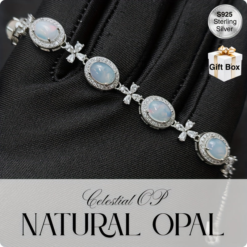 Elegant S925 Sterling Silvery Opal Bracelet with Floral Accents - Natural Opal Stones, White, and Sparkling Details, Perfect for Daily Wear or Special Occasions, Includes Gift Box, Festive Accessory | Floral Accent Bracelet | Sparkling Details