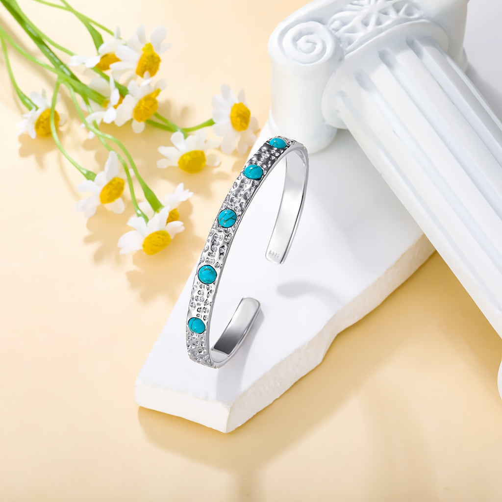 Genuine Turquoise Bracelet, Sterling Silver Native American Boho Adjustable Bangle Cuff Jewelry for Women, Fit for 6 6.5 7 7.5 Inches