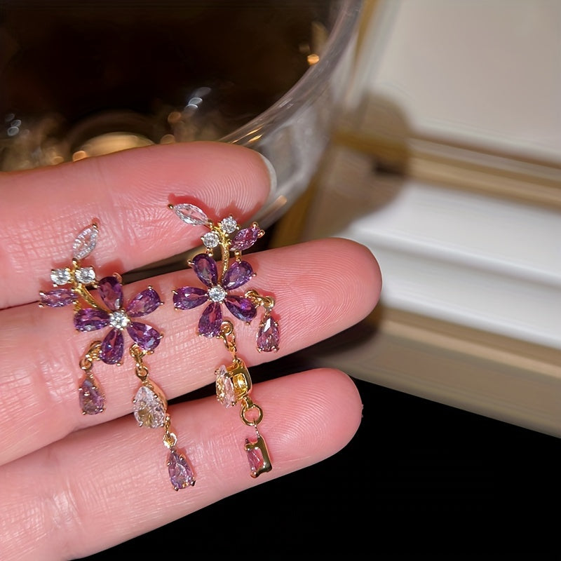Women's Elegant Bohemian Style Purple Flower Pendant Earrings - Luxury Design with Cubic Zirconia, 925 Silver Ear Hooks Suitable for Daily Wear and Gifts