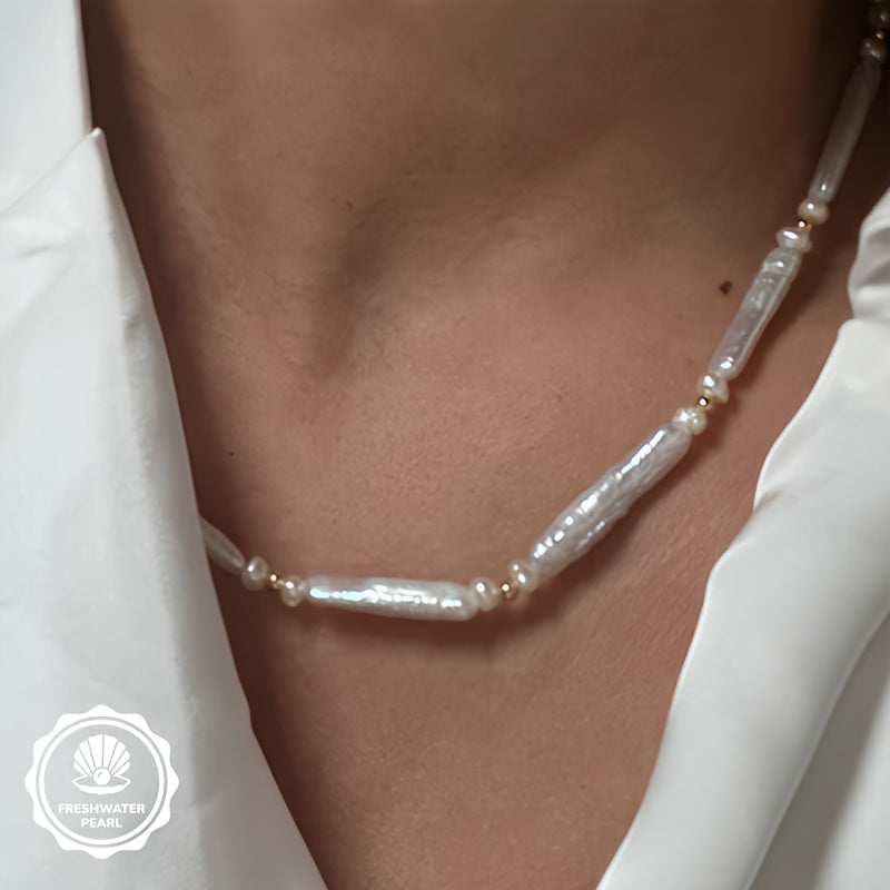 Elegant French Baroque-Inspired Pearl Necklace for Women - Bohemian Style with Natural Freshwater Pearls, Golden-Tone Alloy Beads, and Sparkling Accents - Perfect for Daily Wear or Gifting, Pearl Jewelry