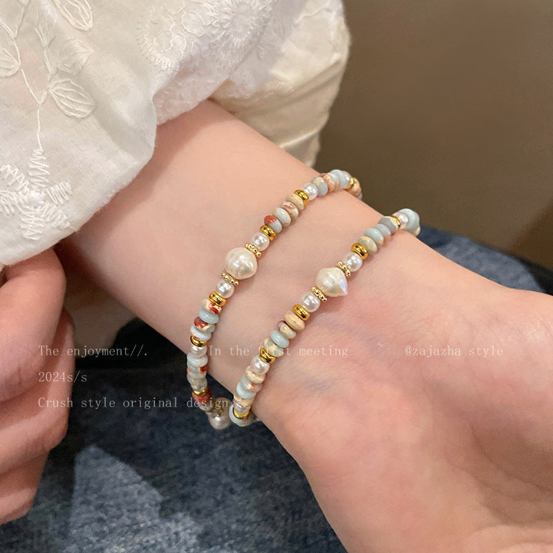 Natural Shoushan Stone Freshwater Pearl Magnetic Bracelet for Women - Light Luxury Niche Exquisite Bracelet with Golden-Tone Accents, Vintage Style, Perfect for Daily Wear or Parties, Party Accessory|Vintage Bracelet|Durable Bracelet