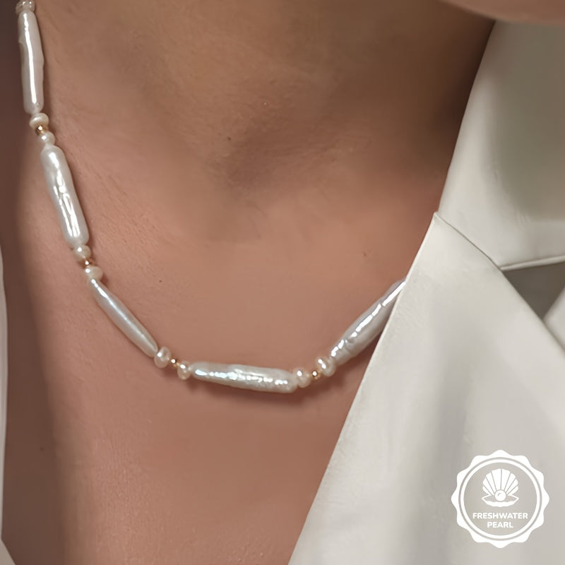 Elegant French Baroque-Inspired Pearl Necklace for Women - Bohemian Style with Natural Freshwater Pearls, Golden-Tone Alloy Beads, and Sparkling Accents - Perfect for Daily Wear or Gifting, Pearl Jewelry