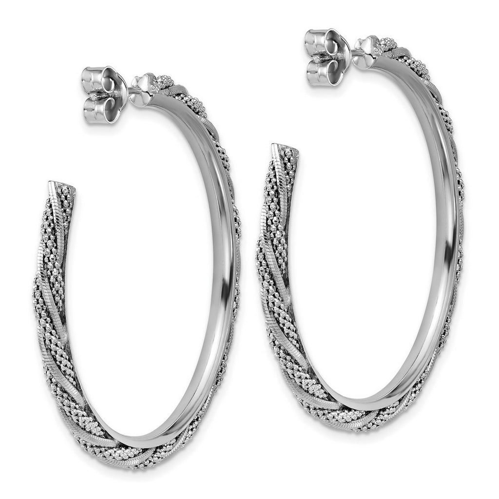 925 Sterling Silver Rhodium Plated Polish Textured Twisted J hoop Post Earrings 47.45x47.4mm Wide 3.05mm Thick-Hoop Earring for Women