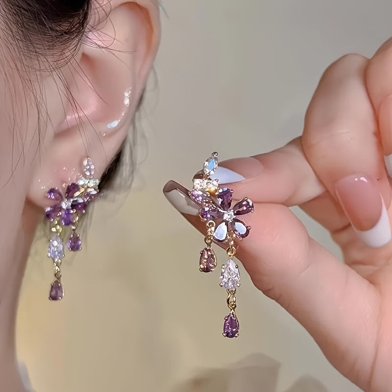 Women's Elegant Bohemian Style Purple Flower Pendant Earrings - Luxury Design with Cubic Zirconia, 925 Silver Ear Hooks Suitable for Daily Wear and Gifts