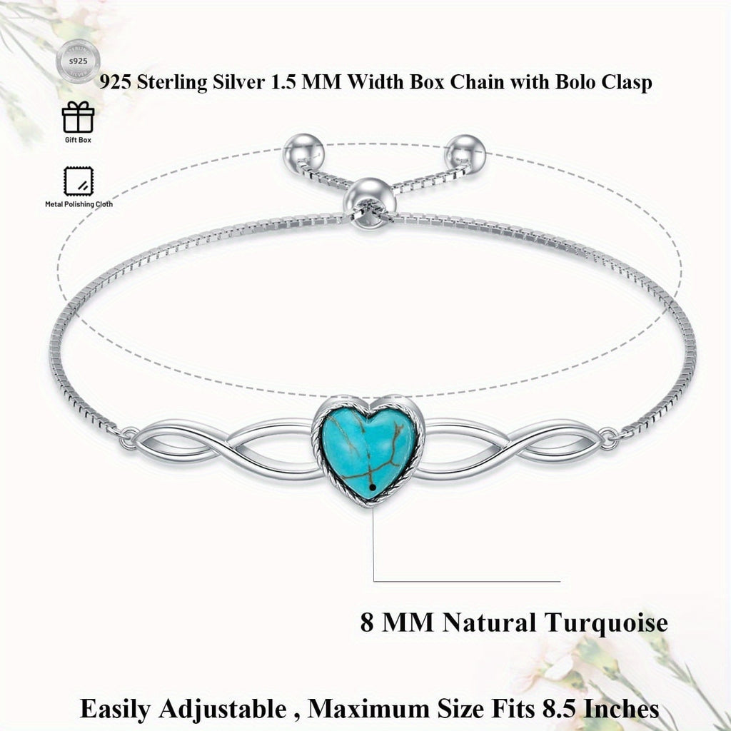 Genuine Heart Turquoise Adjustable Bracelet for Women with Infinity 925 Sterling Silver Box Chain Jewelry 6.5 to 7.5 Inch