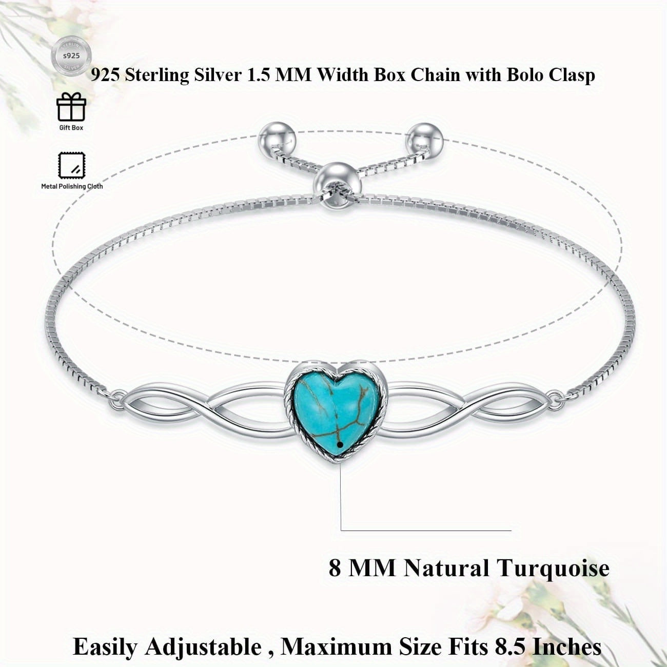 Genuine Heart Turquoise Adjustable Bracelet for Women with Infinity 925 Sterling Silver Box Chain Jewelry 6.5 to 7.5 Inch
