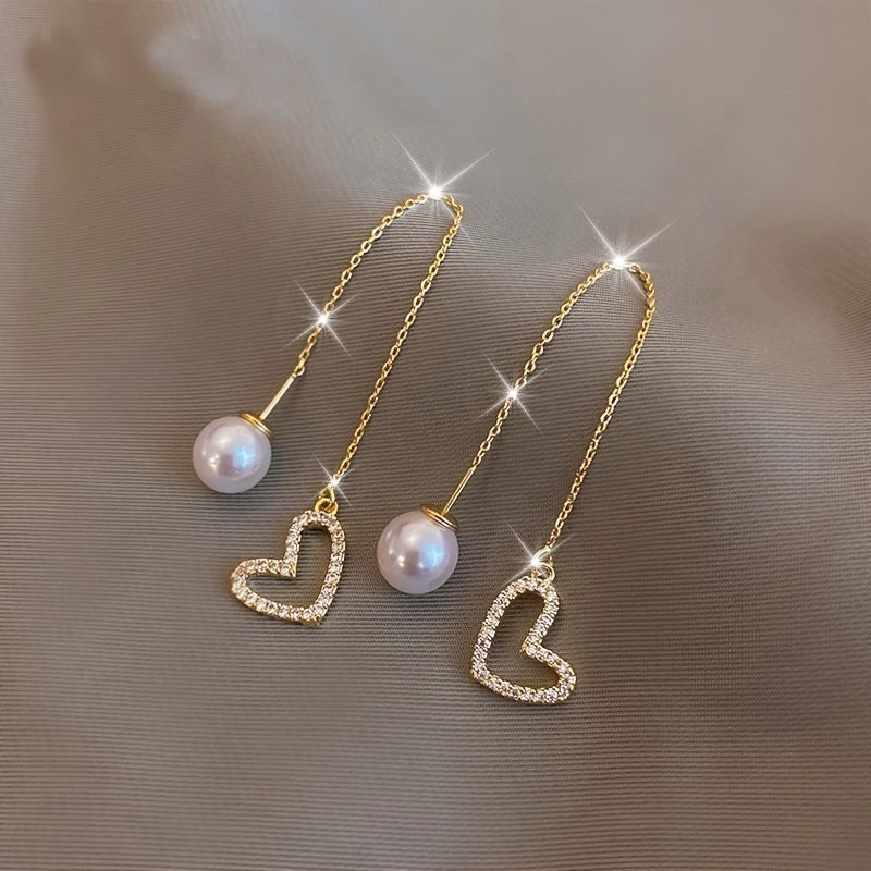 2pcs a Pair of Elegant Heart-Shaped Faux Pearl Tassel Earrings, Alloy Inlaid with Rhinestones, Suitable for Women'S Daily Wear And Parties | Perfect Match