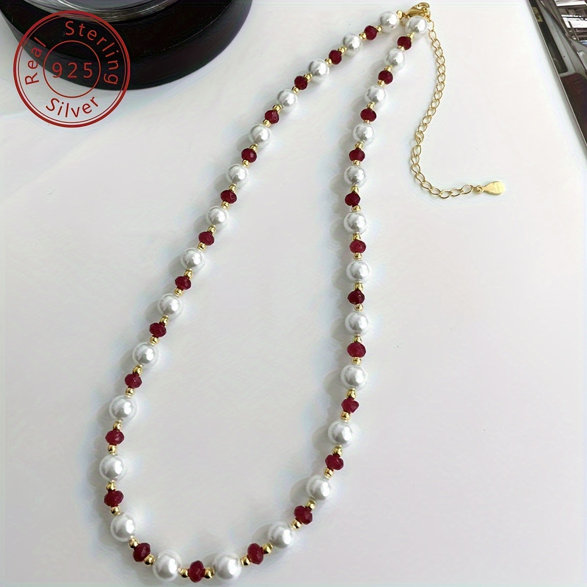 1pc Elegant 925 Silver Natural Stone Beaded Necklace - French Retro Luxury Design, 18K Golden Plated, Perfect for Daily Wear & Gifting, Valentine'S Day, Birthday, Anniversary - Includes Gift Box, Special Occasion Jewelry | French Retro Style | Durab