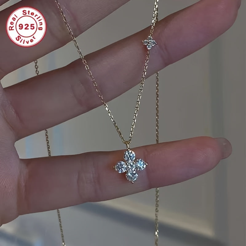 S925 Silvery Synthetic Synthetic Zircon Necklace, Fashionable Minimalist Twin Four-Leaf Pendant Light Luxury Elegant 18K gold Plated Clavicle, For Teenager