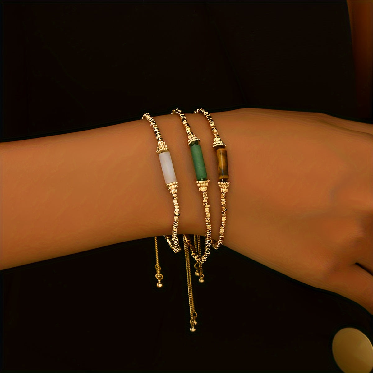 3pcs Women'S Fashion Bracelet Retro Fall\Winter Adjustable 1 Mils Golden Plating Natural Stone Handmade Beaded Bracelet Set for Everyday All-In-One Party Gifts Local Warehouse