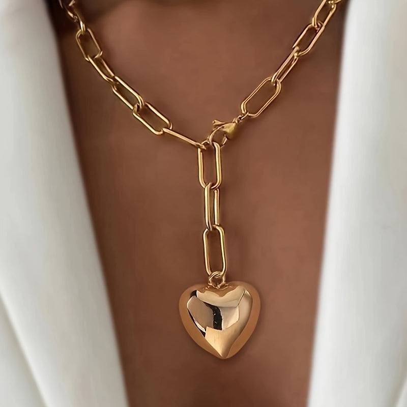 Elegant Golden-Tone Heart-Shaped Pendant Necklace for Women - Chunky Y-Chain Design, Perfect for Daily Wear & Parties, Ideal Valentine'S Day Gift, All-Season Accessory, Valentine'S Day Jewelry|Chunky Chain Necklace|Durable Iron Chain, Heart Necklace