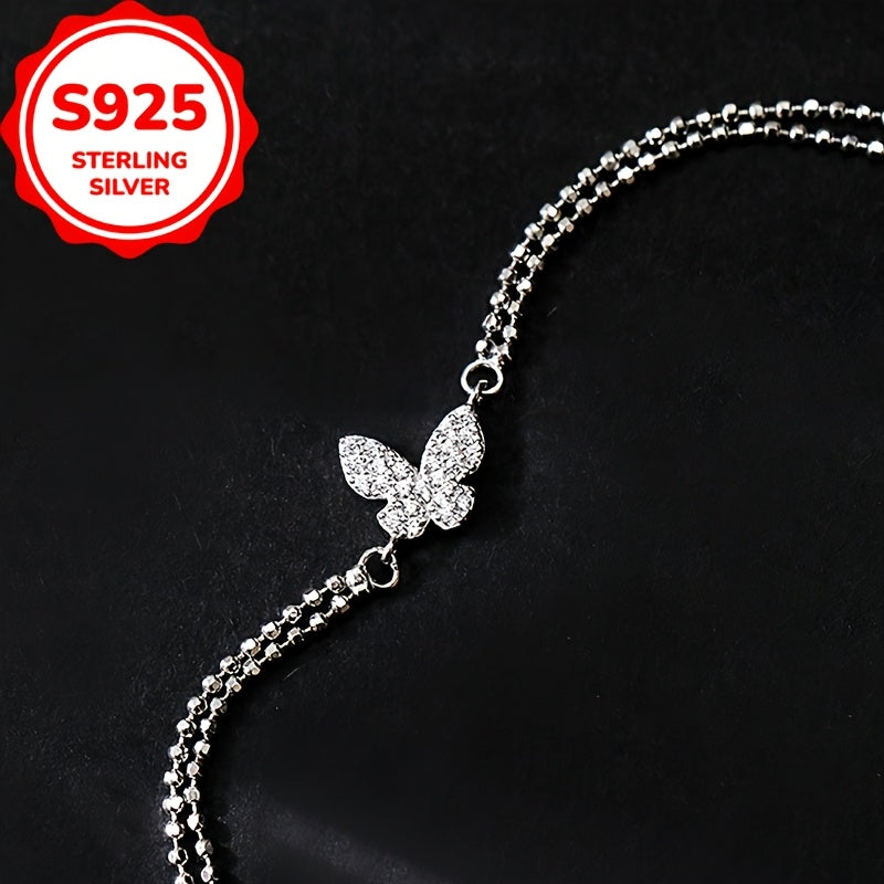 1pc S925 Sterling Silvery Full Butterfly Double Layer Bracelet with Synthetic Synthetic Zirconia Inlay, Elegant and Versatile Design Suitable for Daily Wear or Party Events, Holiday Gift