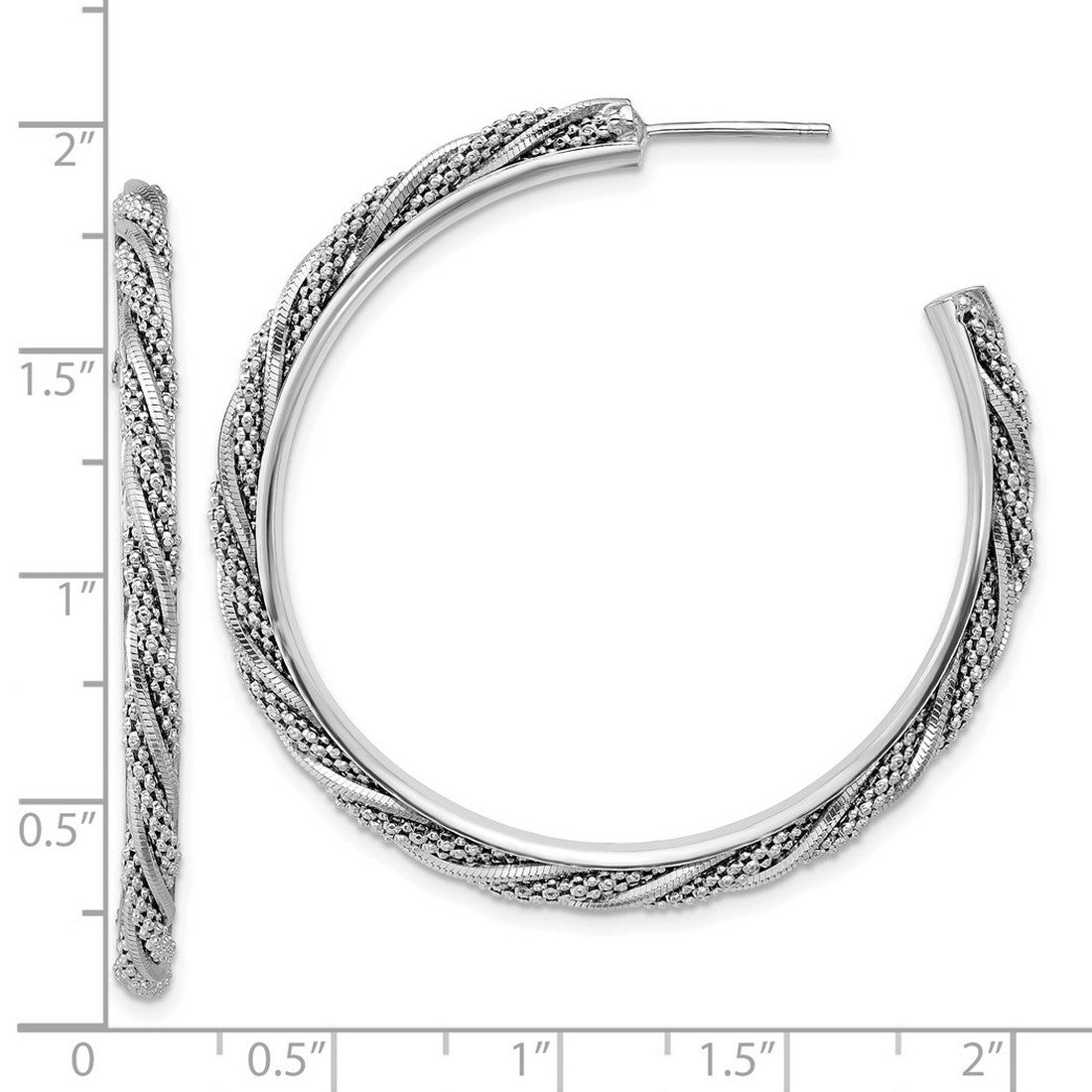 925 Sterling Silver Rhodium Plated Polish Textured Twisted J hoop Post Earrings 47.45x47.4mm Wide 3.05mm Thick-Hoop Earring for Women