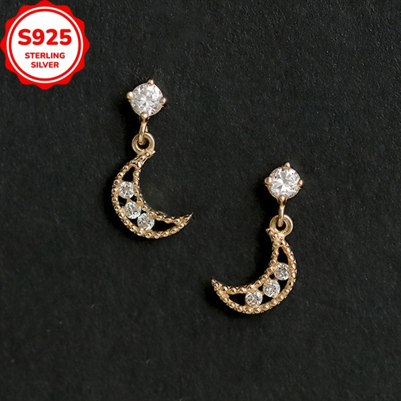 925 Silver Hollow Beaded with Synthetic Zirconia Inlaid, Delicate And Light Luxury Moon Earrings, Unique Design, Suitable for Small Accessories