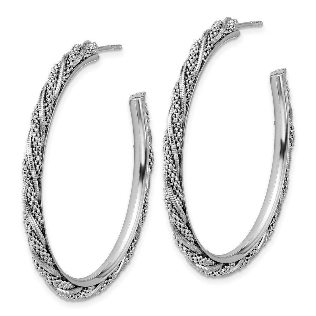 925 Sterling Silver Rhodium Plated Polish Textured Twisted J hoop Post Earrings 47.45x47.4mm Wide 3.05mm Thick-Hoop Earring for Women