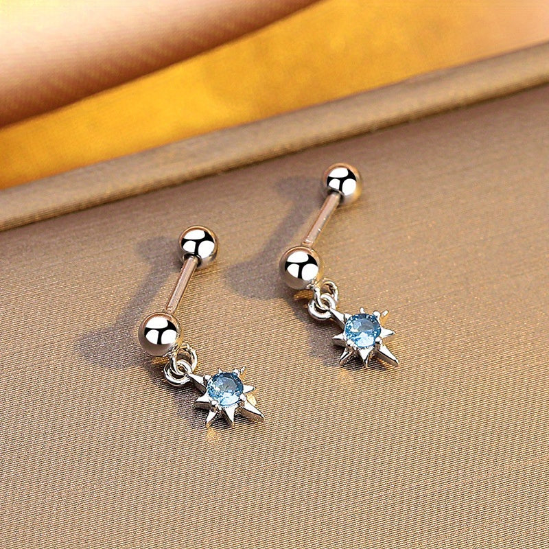 925 Sterling Silver Simple Eight-Pointed Star Synthetic Cubic Zirconia Short Stream Comb Thread Earrings, Suitable for Daily Versatile Gifts, Dates, Birthdays, Valentine'S Day, Wedding Season, Christmas, Halloween and other gifts