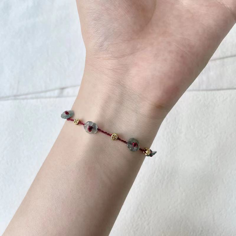 1pc Elegant Vintage-Inspired Imitation Jade Flower Rope Bracelet, Adjustable Weave Design, Good Luck Charm, Ideal for Daily Wear & Valentine'S Day Gift for Women