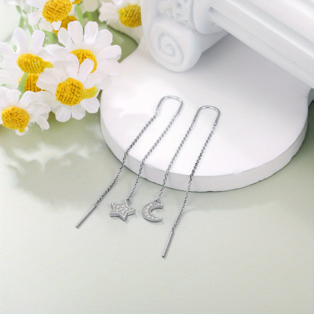 Elegant 925 Sterling Silver Asymmetrical Star and Moon Dangle Earrings with Lab-Grown Diamonds - Classic Style, Perfect for Daily Wear or Gifting, All-Season Jewelry, Moon Earrings