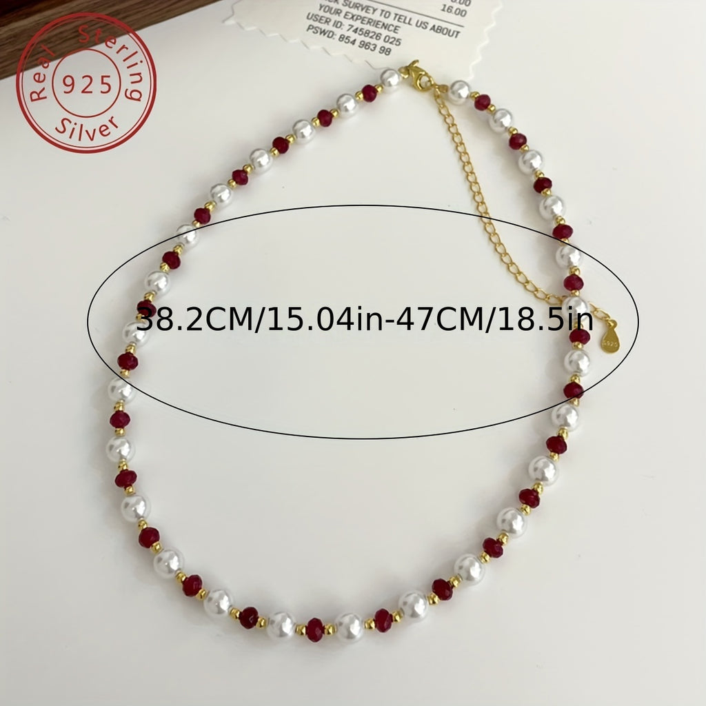 1pc Elegant 925 Silver Natural Stone Beaded Necklace - French Retro Luxury Design, 18K Golden Plated, Perfect for Daily Wear & Gifting, Valentine'S Day, Birthday, Anniversary - Includes Gift Box, Special Occasion Jewelry | French Retro Style | Durab