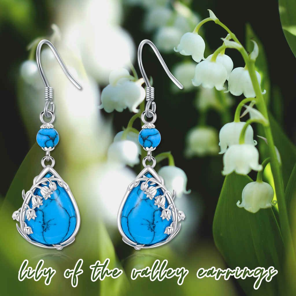 Lily Of The Valley Earrings for 925 Sterling 925 Silver Turquoise Flower Dangle Earrings Jewelry for Birthday Mother's Day, for Teenager