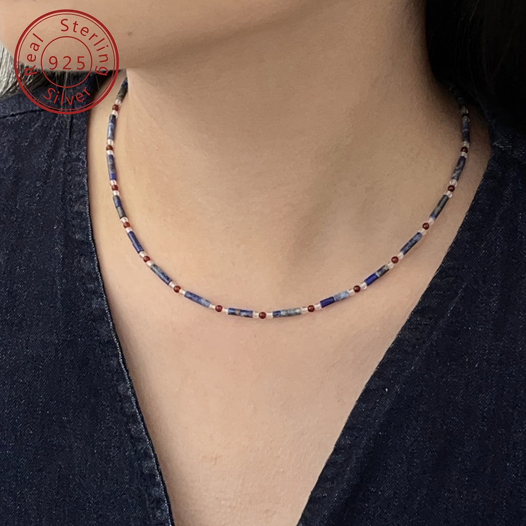 925 sterling Silvery natural lapis lazuli red agate extremely fine beaded necklace, new Chinese niche style, contrasting color design, retro senior feeling, suitable for Women's daily banquet wearing, festival selected accessories