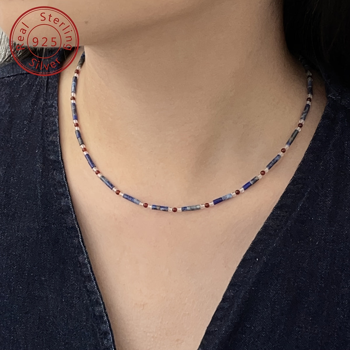 925 sterling Silvery natural lapis lazuli red agate extremely fine beaded necklace, new Chinese niche style, contrasting color design, retro senior feeling, suitable for Women's daily banquet wearing, festival selected accessories