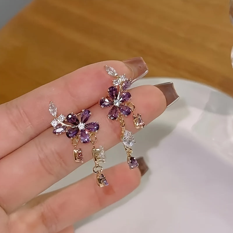 Women's Elegant Bohemian Style Purple Flower Pendant Earrings - Luxury Design with Cubic Zirconia, 925 Silver Ear Hooks Suitable for Daily Wear and Gifts