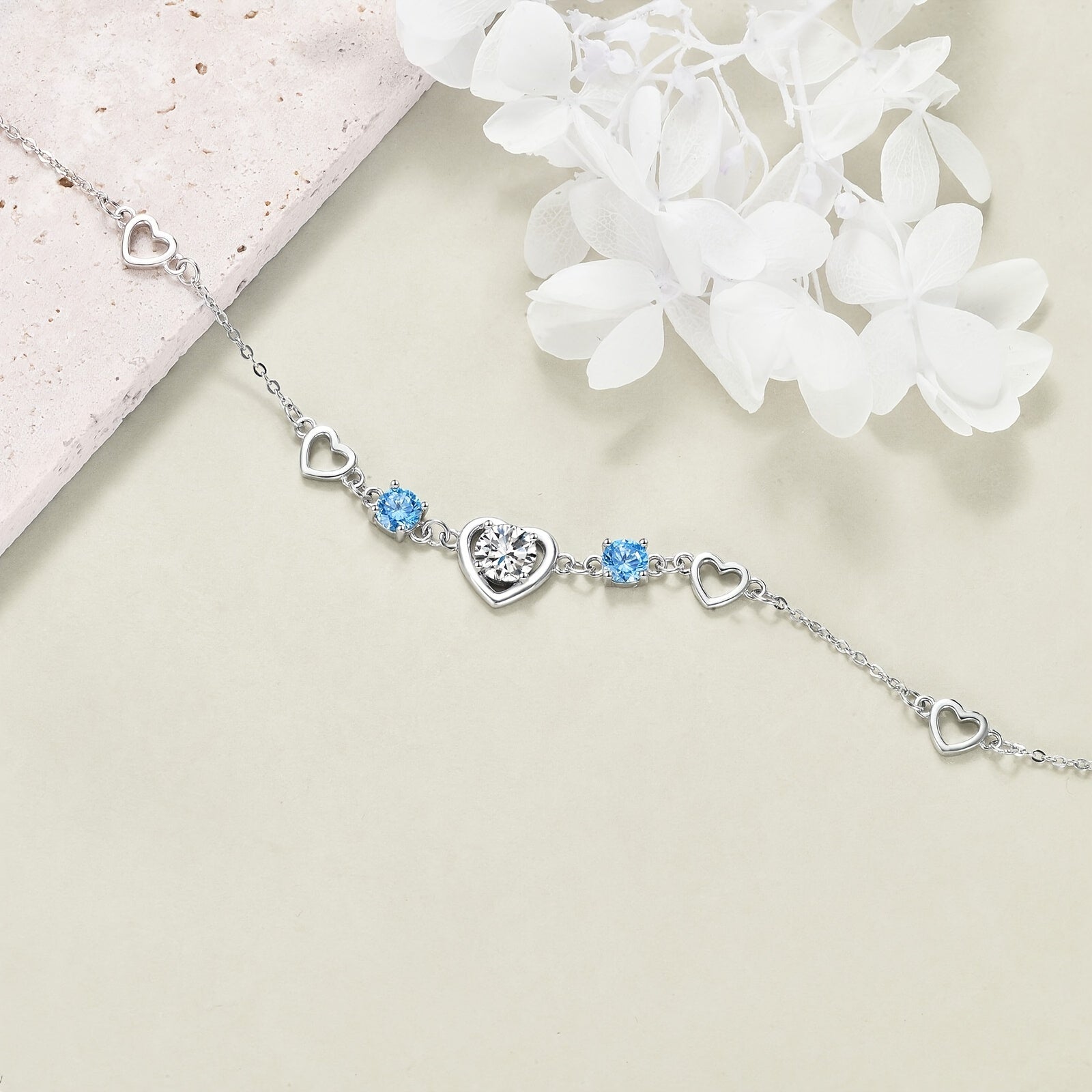 Heart Bracelet 925 Sterling Silver Aquamarine Bracelet For Women March Birthstone Link Chain Bracelets Jewelry Love Gifts For Girls