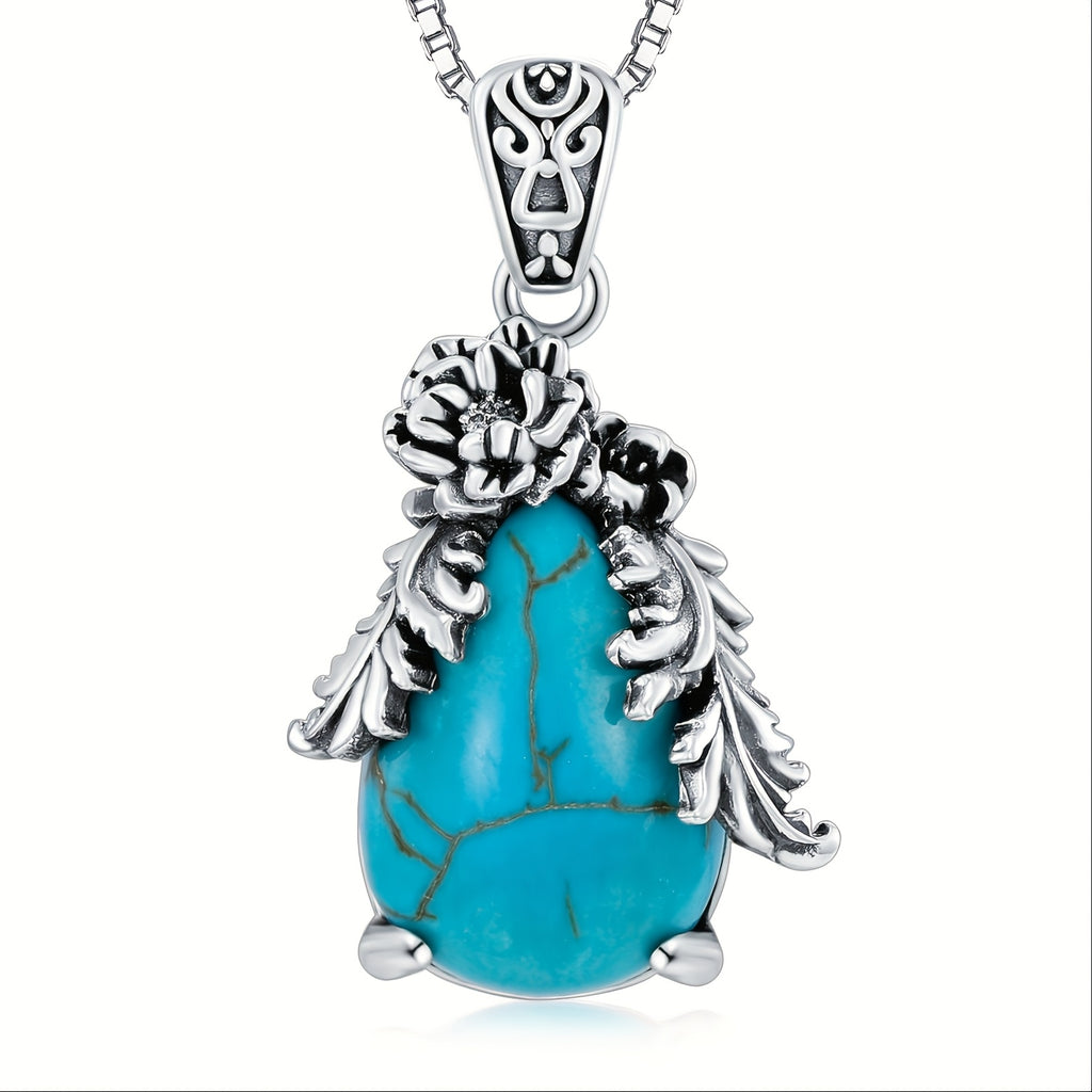 Genuine Teardrop Turquoise Necklace, Sterling Silver Vintage Native American Western Flower Pendant Jewelry Birthdays for Women