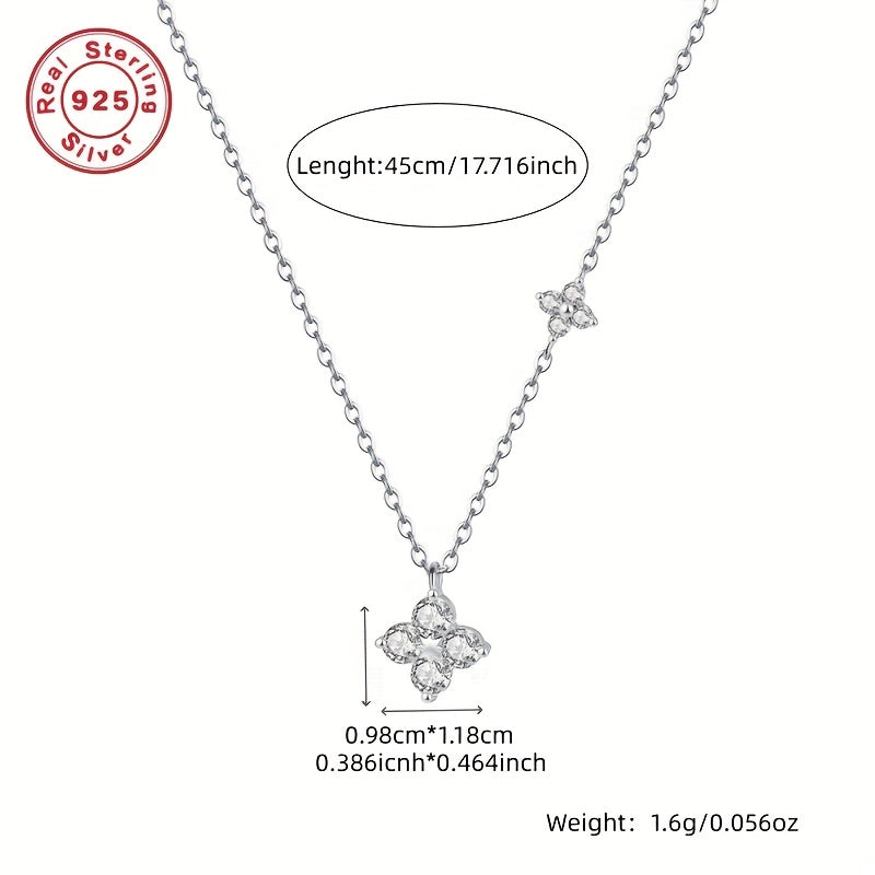 S925 Silvery Synthetic Synthetic Zircon Necklace, Fashionable Minimalist Twin Four-Leaf Pendant Light Luxury Elegant 18K gold Plated Clavicle, For Teenager