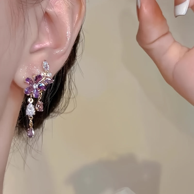 Women's Elegant Bohemian Style Purple Flower Pendant Earrings - Luxury Design with Cubic Zirconia, 925 Silver Ear Hooks Suitable for Daily Wear and Gifts