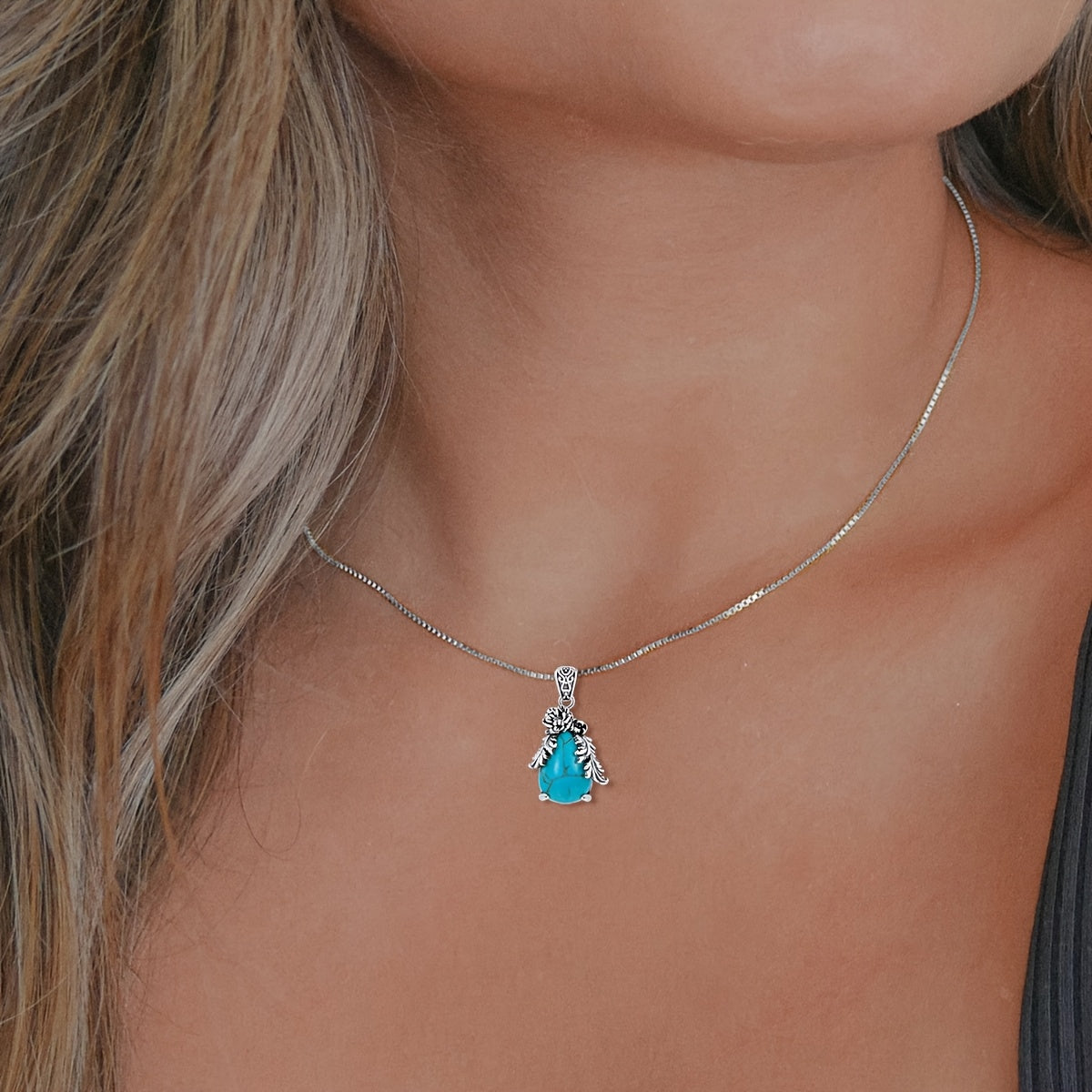 Genuine Teardrop Turquoise Necklace, Sterling Silver Vintage Native American Western Flower Pendant Jewelry Birthdays for Women