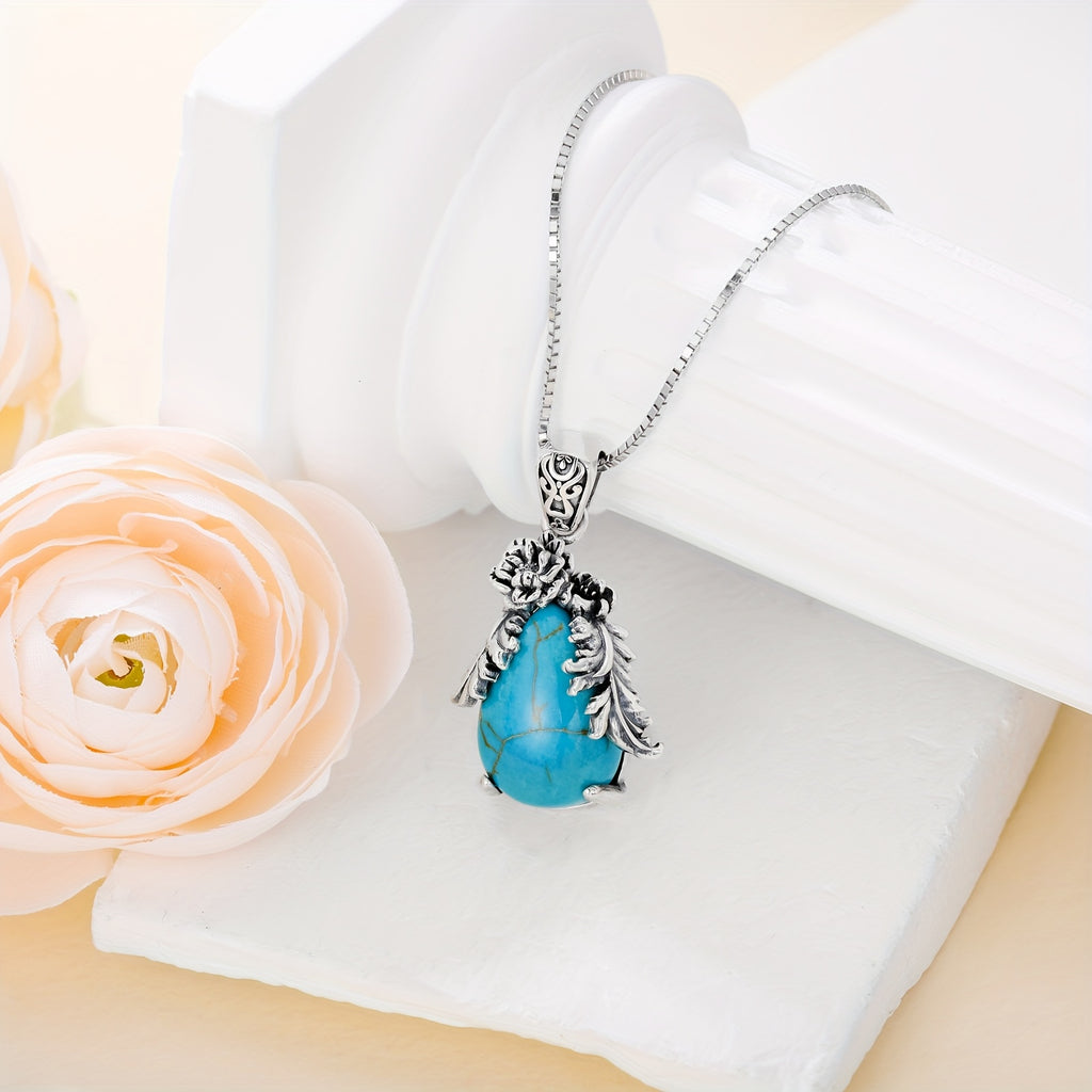 Genuine Teardrop Turquoise Necklace, Sterling Silver Vintage Native American Western Flower Pendant Jewelry Birthdays for Women