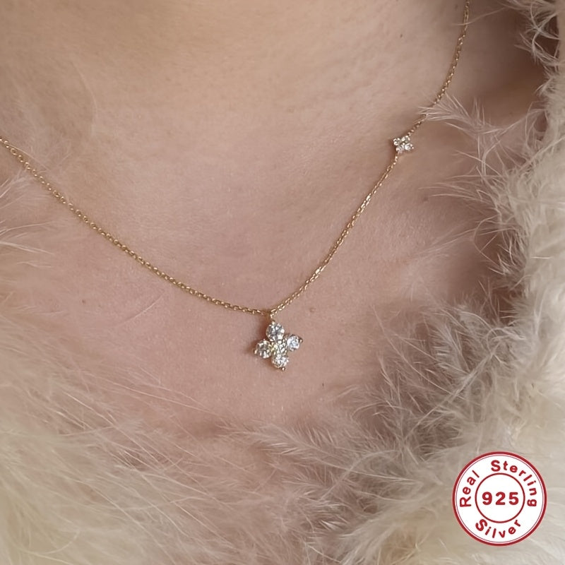 S925 Silvery Synthetic Synthetic Zircon Necklace, Fashionable Minimalist Twin Four-Leaf Pendant Light Luxury Elegant 18K gold Plated Clavicle, For Teenager