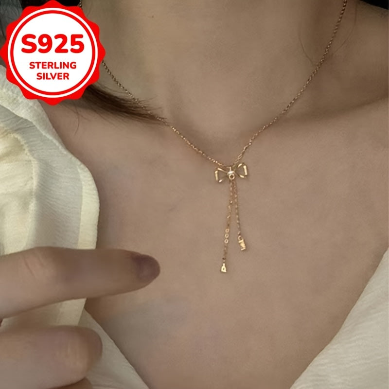 925 Silvery Bow with Synthetic Zirconia Tassel Necklace - Minimalist Design Sweater Chain for Women, Versatile Everyday Accessory